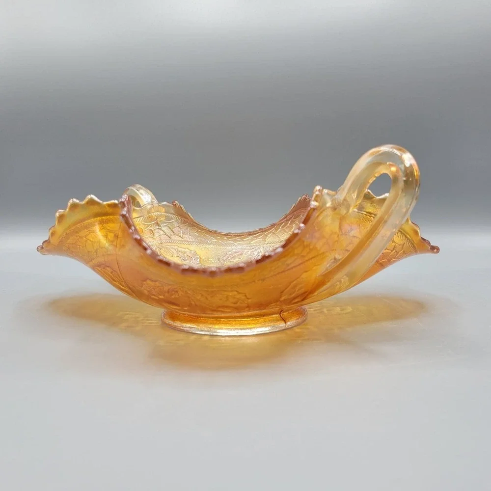 Vintage Fenton Marigold Carnival Iridescent Glass Handled Candy Dish Cherries